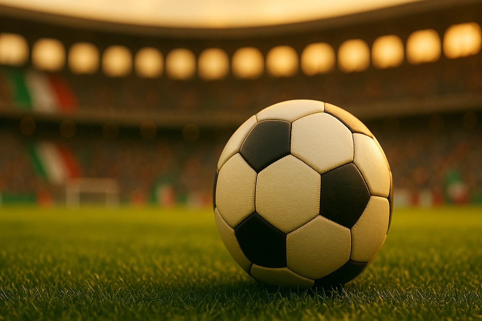 Pallone da calcio classico su prato verde con architettura di uno stadio italiano sullo sfondo