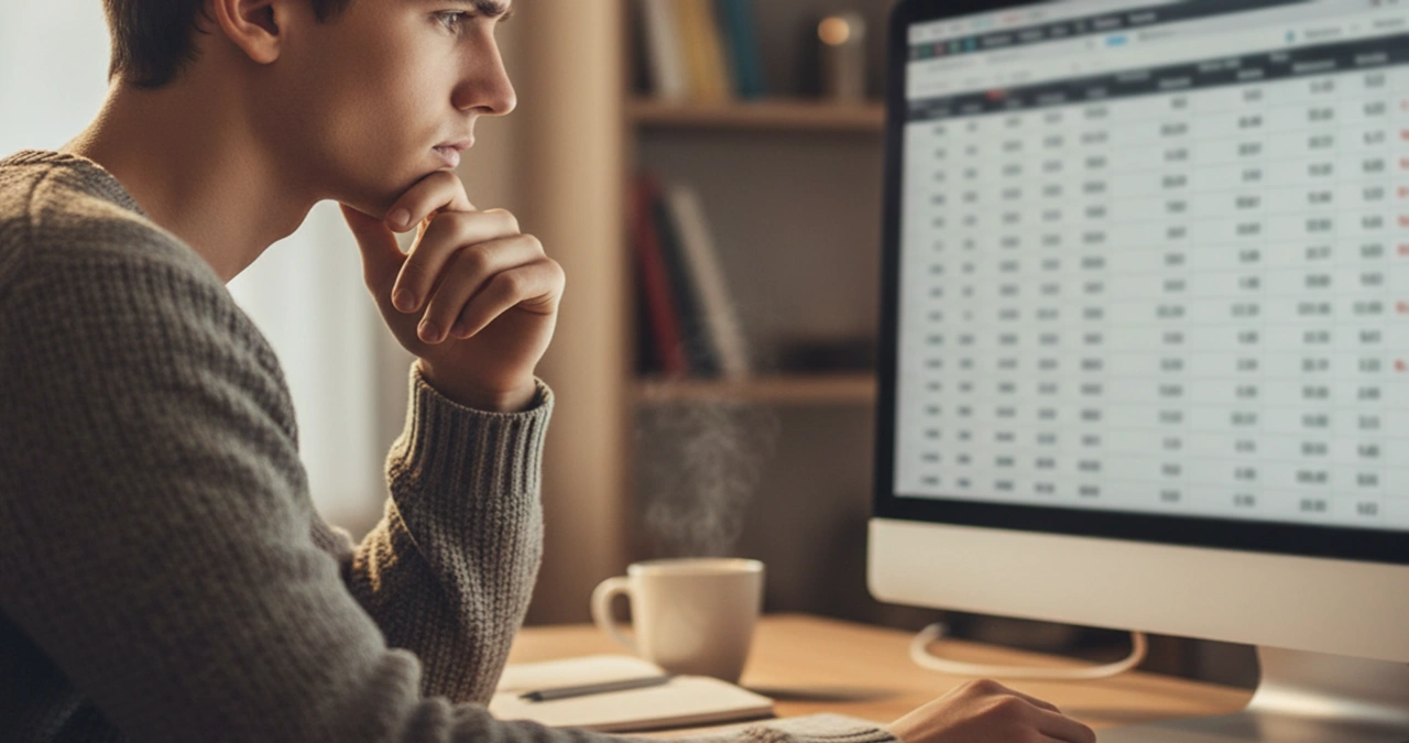 Giovane che studia attentamente le quote su uno schermo con espressione pensierosa