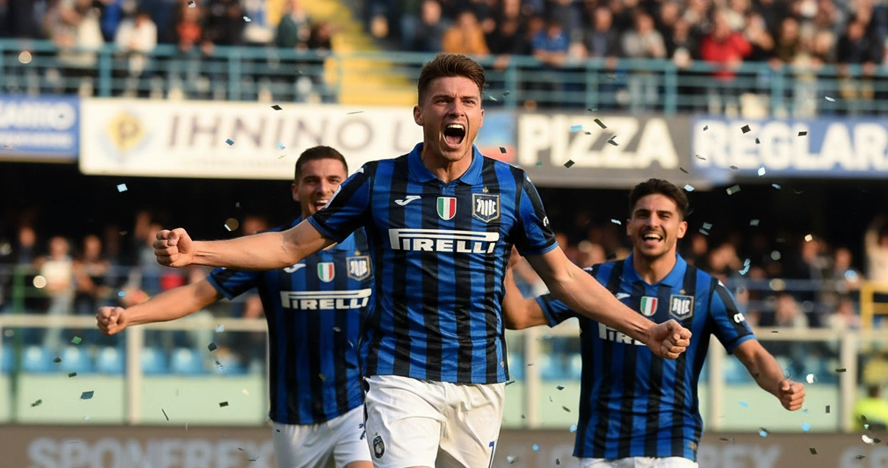 Attaccante dell'Inter che esulta dopo aver segnato un gol