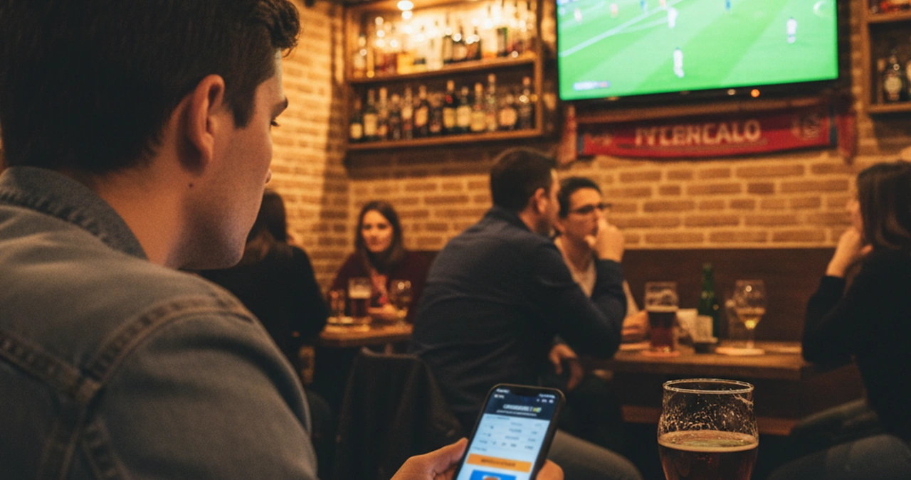 Persona che guarda una partita di calcio e usa lo smartphone per scommesse live