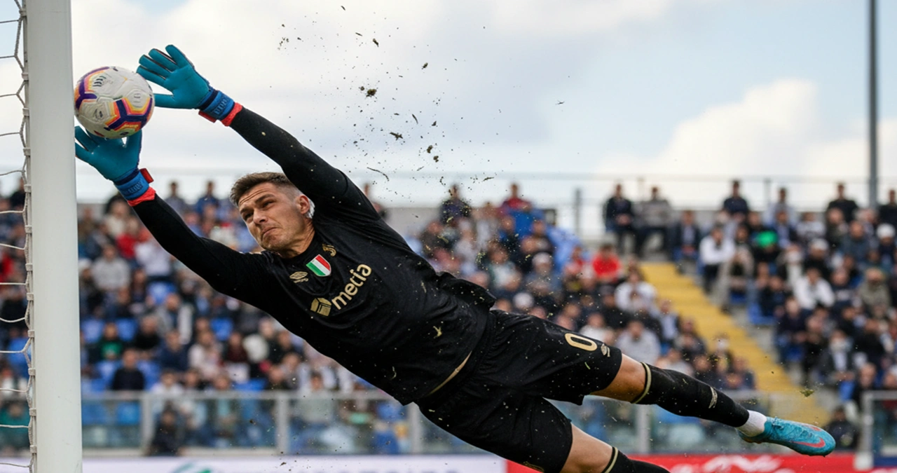 Portiere di calcio in tuffo che para un tiro durante una partita