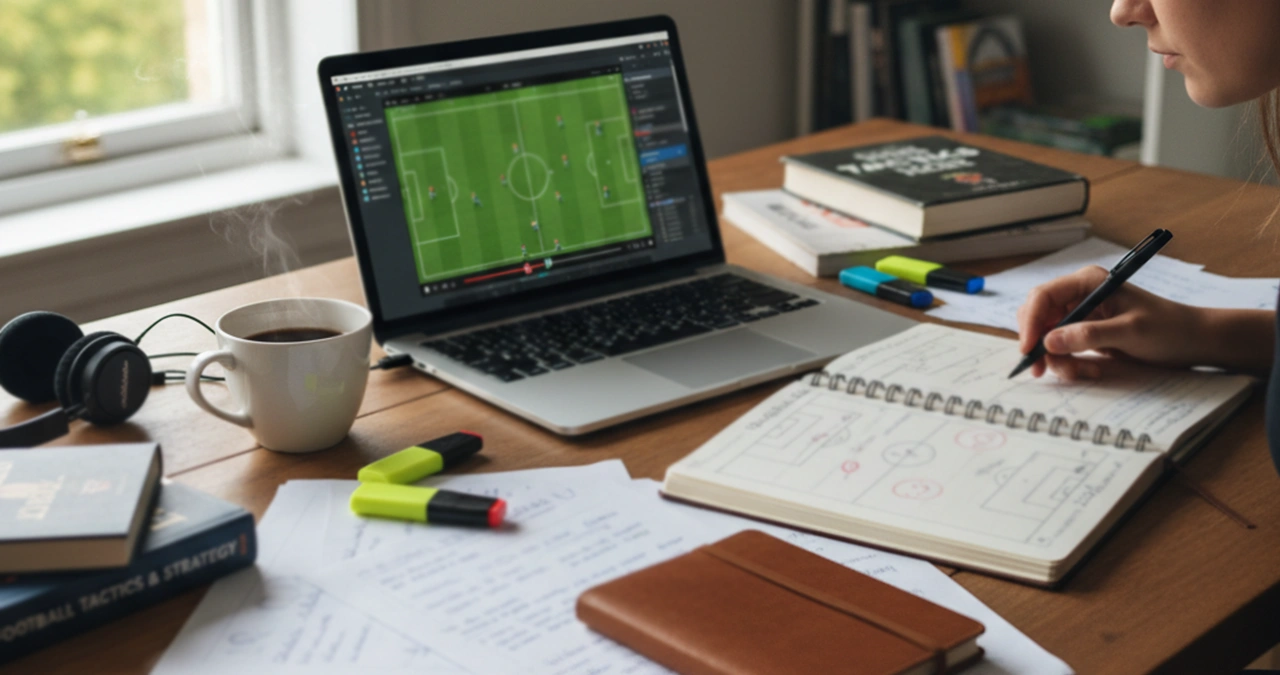 Persona che prepara l'analisi di una partita con appunti e computer