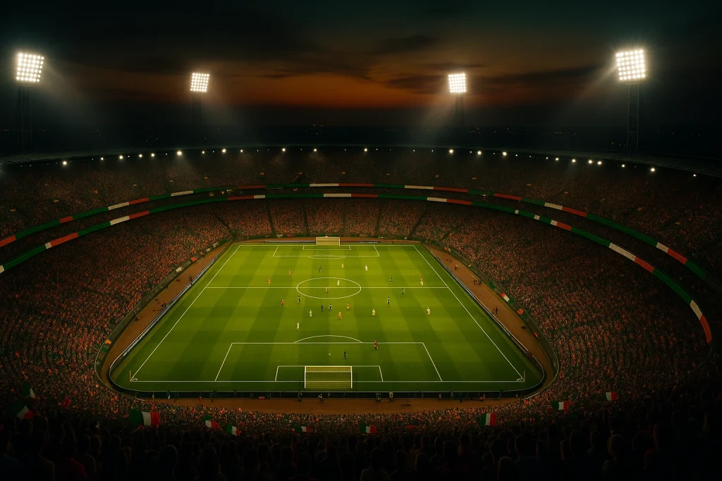 Stadio italiano illuminato durante una partita serale di Serie A con tifosi appassionati
