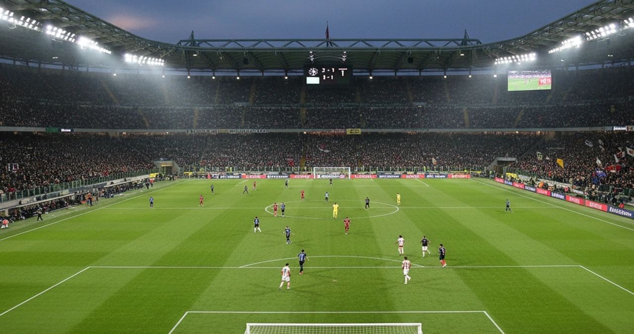 Vista panoramica di uno stadio di Serie A durante una partita serale