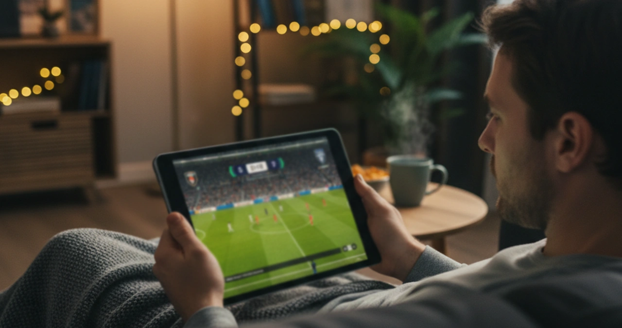 Persona che guarda lo streaming di una partita di calcio su tablet