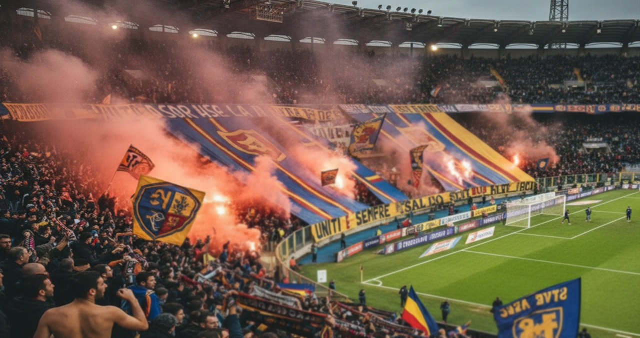 Tifosi nella curva di uno stadio italiano con bandiere e striscioni