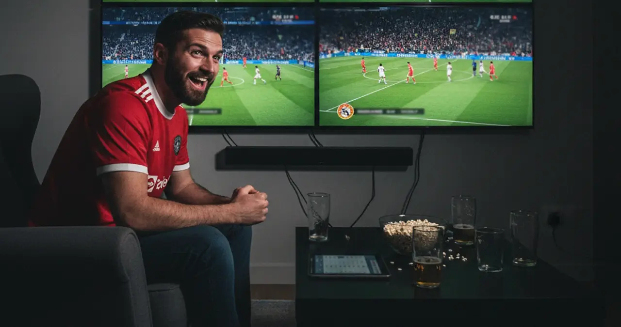 Tifoso che segue più partite di calcio contemporaneamente