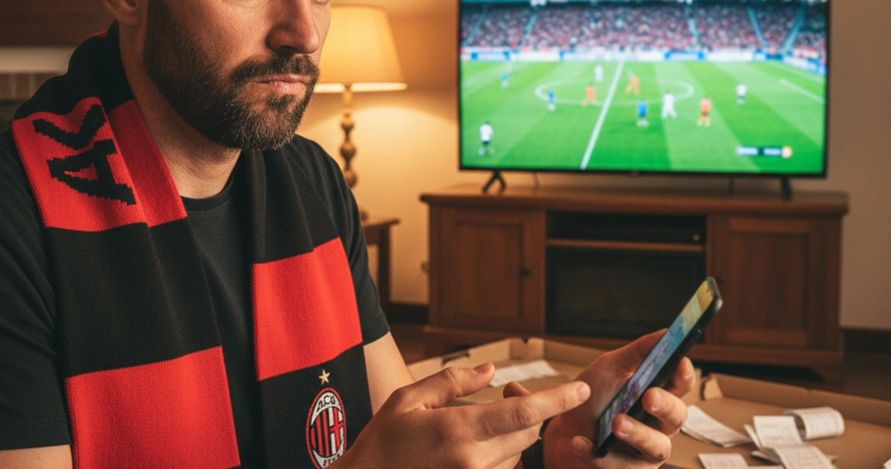 Tifoso con sciarpa della squadra che guarda pensieroso lo smartphone