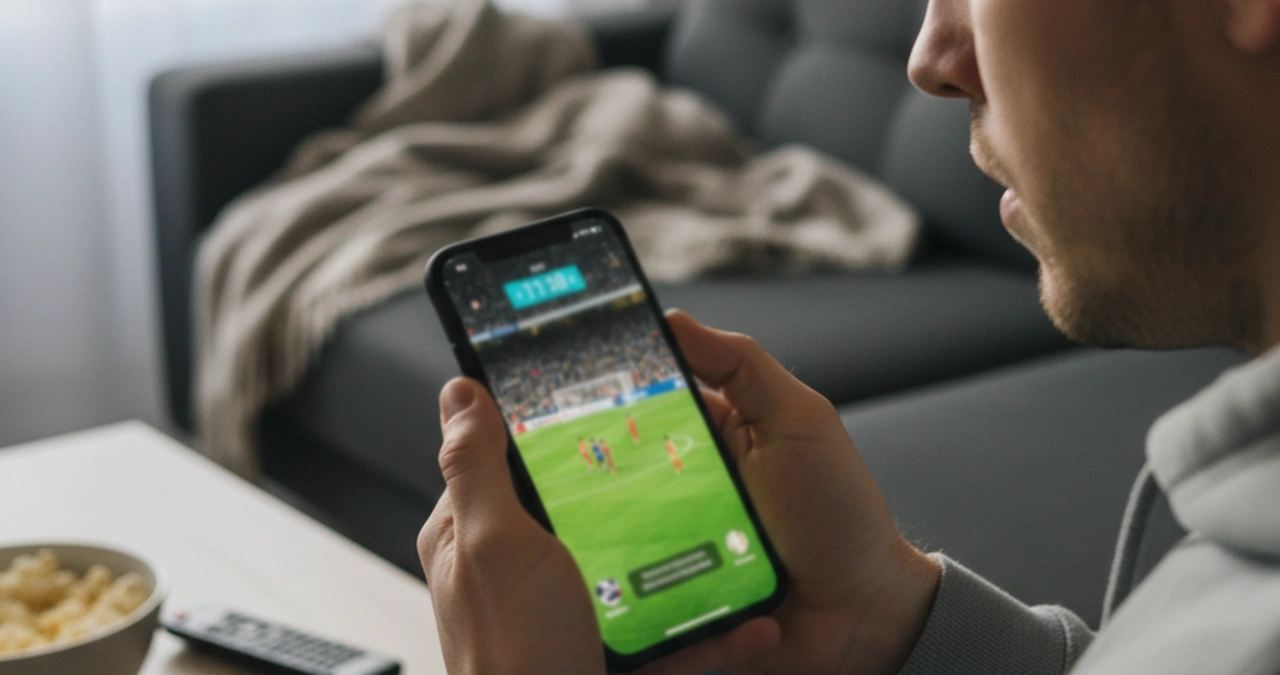 Persona che segue una partita di calcio sul telefono con espressione concentrata